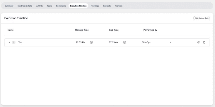 Project Details Execution Timeline Add Outage Task