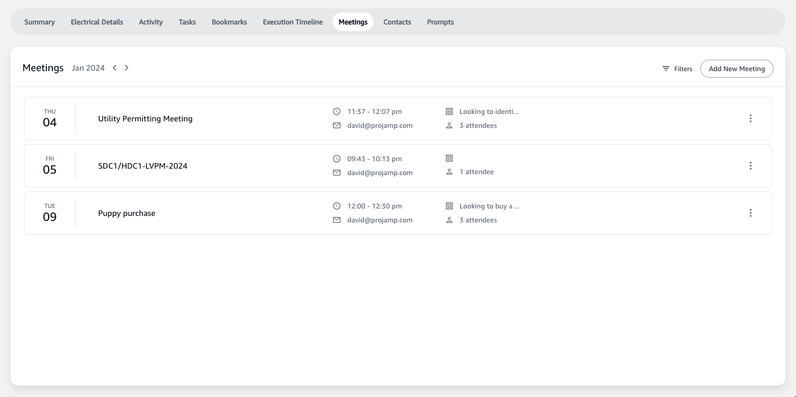 Project Details Meetings Tab